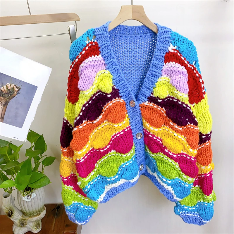 

Women Colorful Bohemian Chunky Knit Handmade Bulky Cardigan Warm Thick Top 2023 Autumn Winter New In