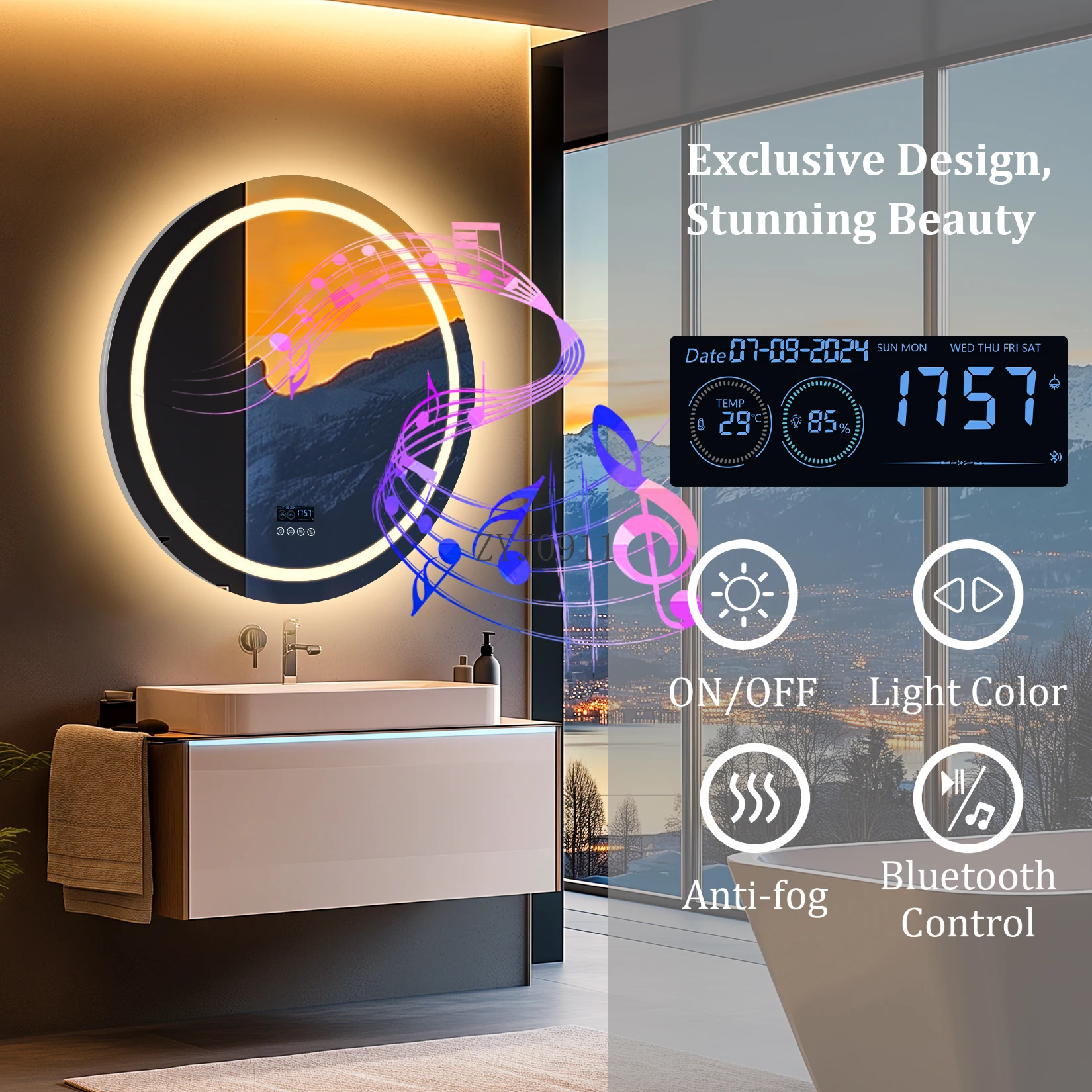 Led Bathroom Mirror with Lights,32"x32" Wall-Mounted 3 Colors Dimmable Light Bluetooth Speaker Temperatu Anti-Fog Memory