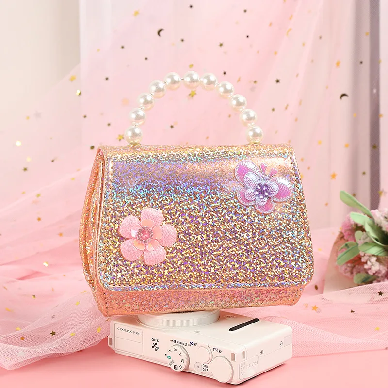 Girl Princess Side Bag Cute Laser Crossbody Bags for Girls Pearl Tote Hand Bag Toddler Purses and Handbags Gift