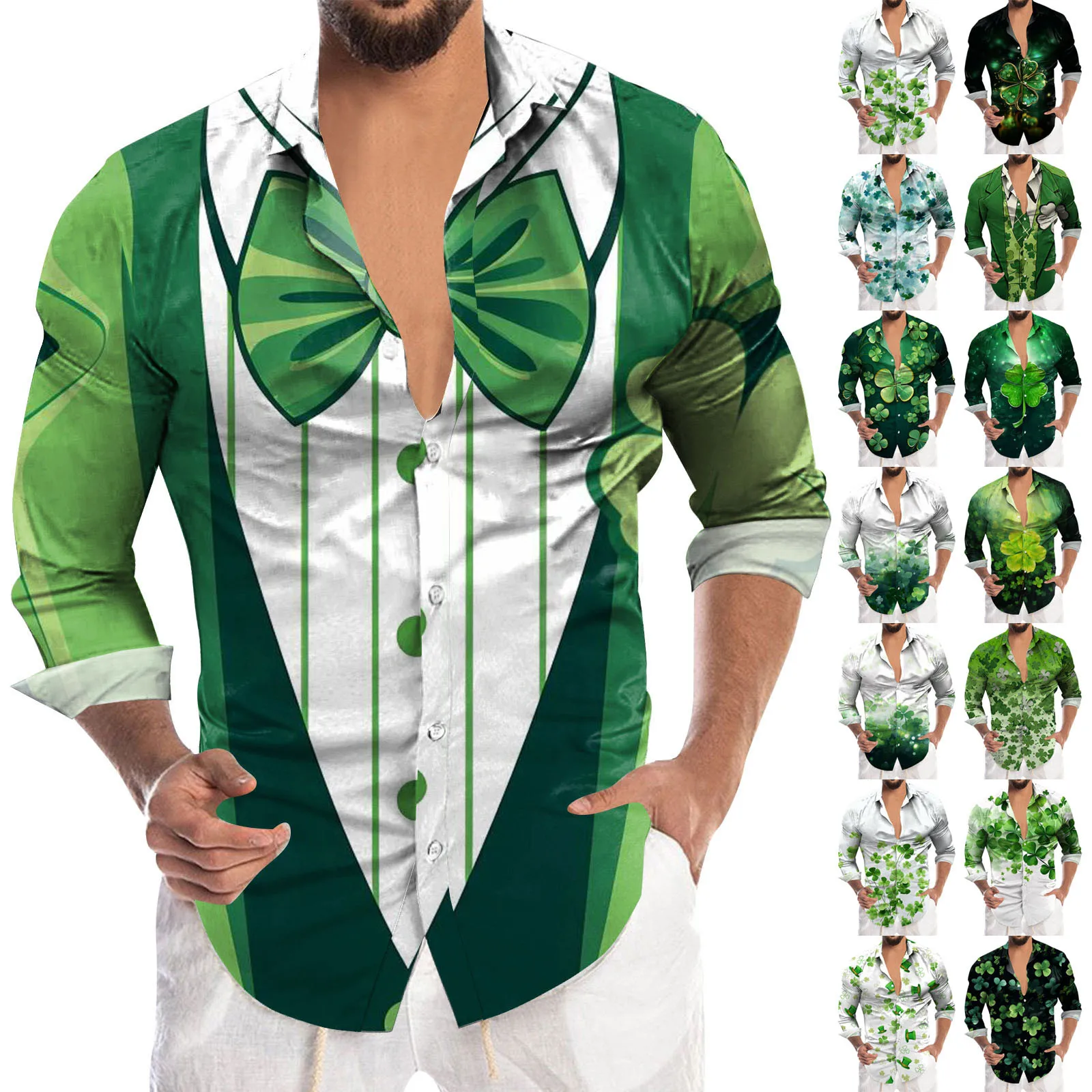 

Male St. Patricks's Day Long Sleeve Shirt Autumn Casual 3D Printing Hawaii Long Sleeve Shirts Tops Handsome Men Party Button