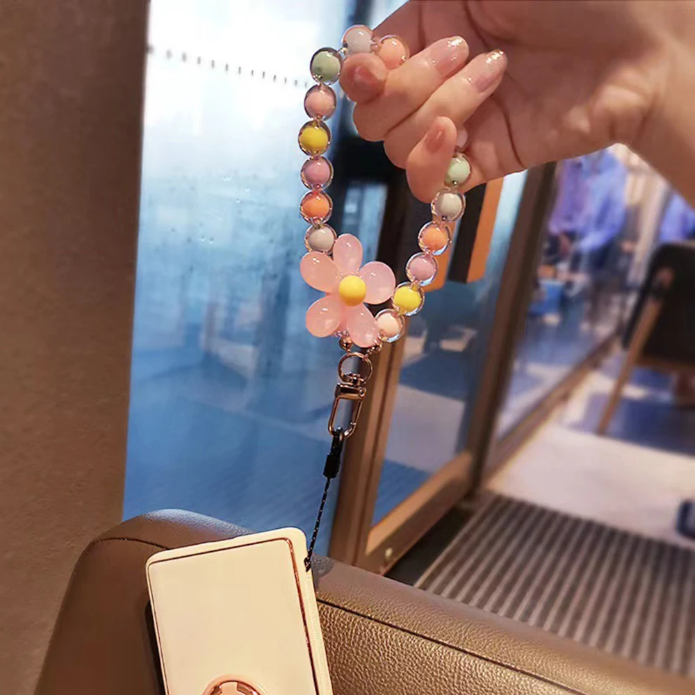 Phone Charm Colorful Lanyard Bow Heart Beaded Bracelet Flower Butterfly Pearl Mobile Phone Wrist Strap Acrylic Anti-Lost Chains