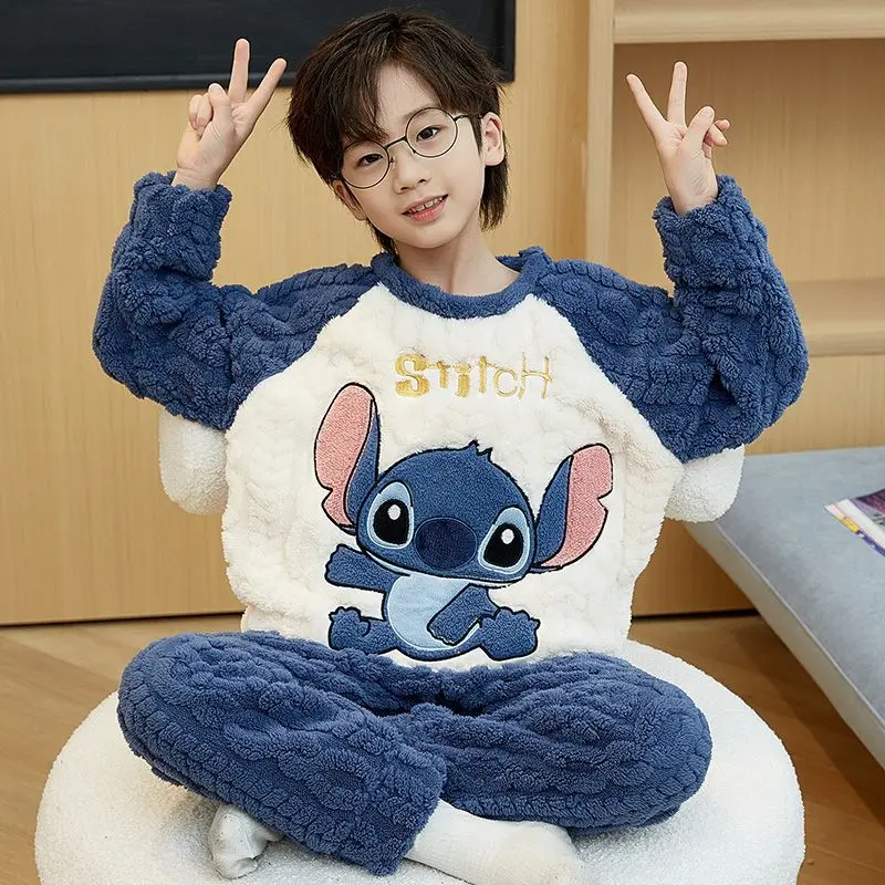 

Disney Anime Cartoon Stitch Plush Home Clothes Cotton Flannel 2 Piece Set Children Tops+Pants Y2K Pajamas Sleepwear Clothing