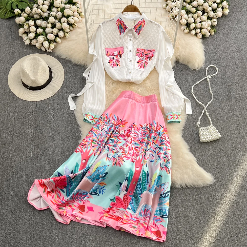 

Women's Spring Summer Runway Fashion Chiffon Print Top Pink 2 pcs Set Dress Female Chic Travel Party Dress TB1427