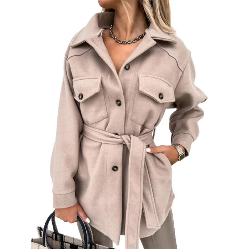 Women Autumn Winter Warm Tweed Coat Lapel Double Pocket Splicing Single-breasted Cardigan Trench Peacoat Loose Lace-up Outerwear