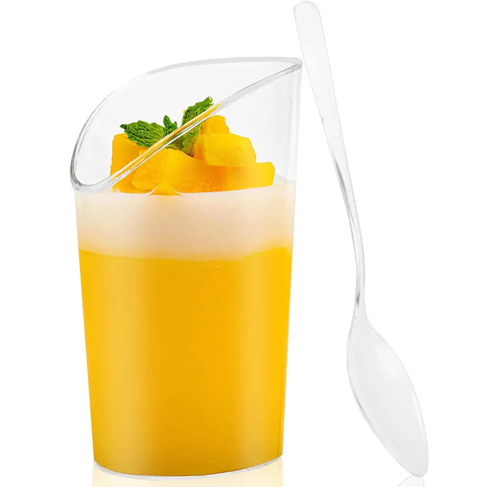 20pc Small Plastic Dessert Cups with spoons 3oz Tumbler Cup Slanted Appetizer Cup Great for Desserts Puddings Mousse Jello Shots