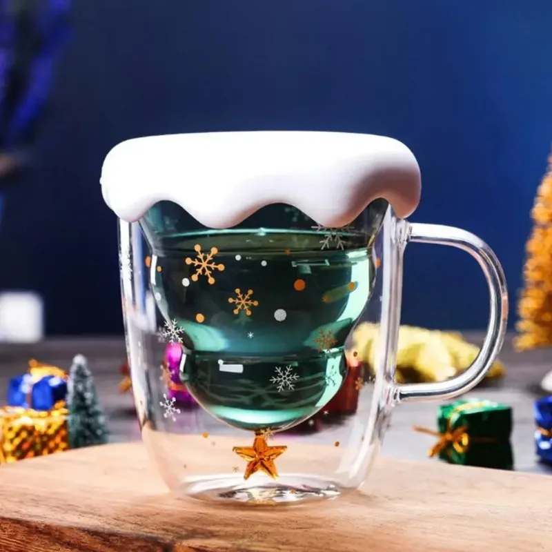 300ML Double Layer Water Glass Cup Thicken Xmas Tree Shape High Mug Lid Kitchen Tools Borosilicate Christmas Tree Coffee