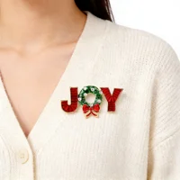 2025 New Christmas Red color "JOY" Letter Brooch（one piece） Enamel Wreath Bow Decor Fashion Daily Party Jewelry Accessory