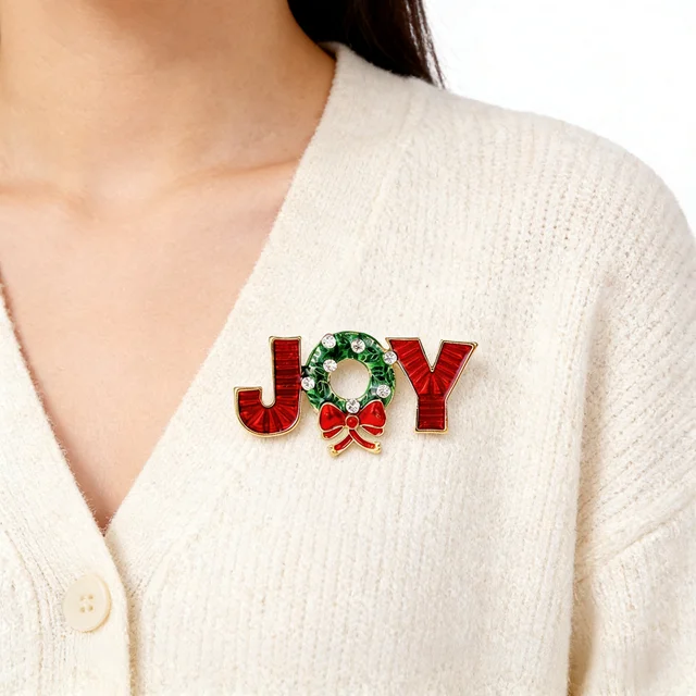 2025 New Christmas Red color "JOY" Letter Brooch（one piece） Enamel Wreath Bow Decor Fashion Daily Party Jewelry Accessory