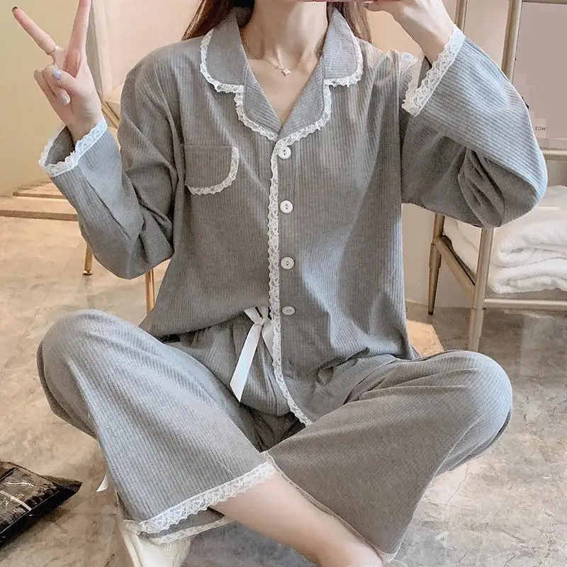 

Twinset Pajamas Set Women Nightwear Home Clothes Lapel Long Sleeve Shirt&Pants PJS Sleep Suit Spring Pijamas Sleepwear Lingerie