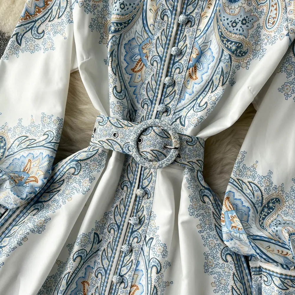 Nuevo vestido de fiesta vintage para mujer, moda de manga larga, botonadura sencilla, cuello alto, elegante, estampado, vestidos largos, primavera y otoño.