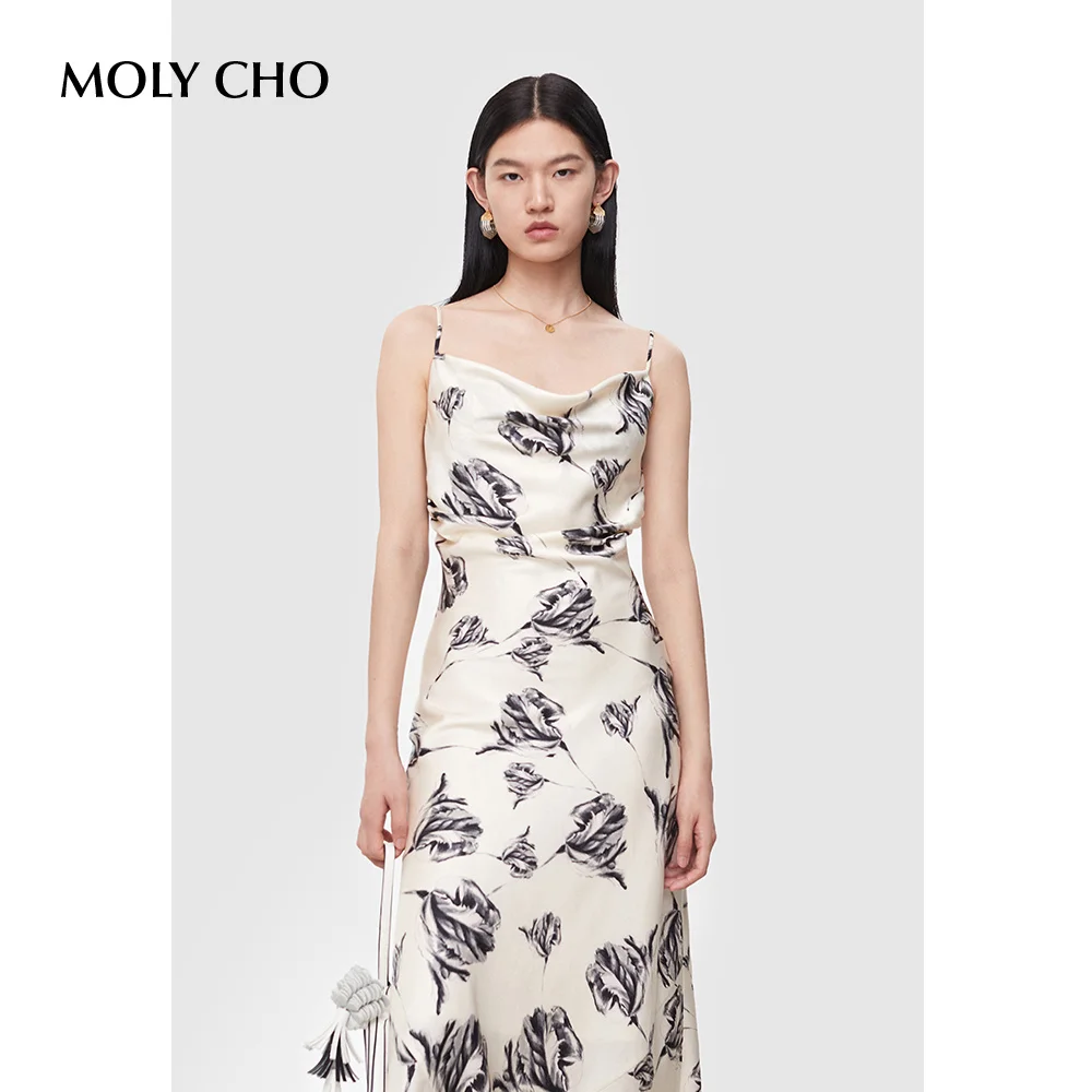 

Swing Neck Dress Women's Summer Style Printed Mid length Dress Sexy Open Back Strap Dress