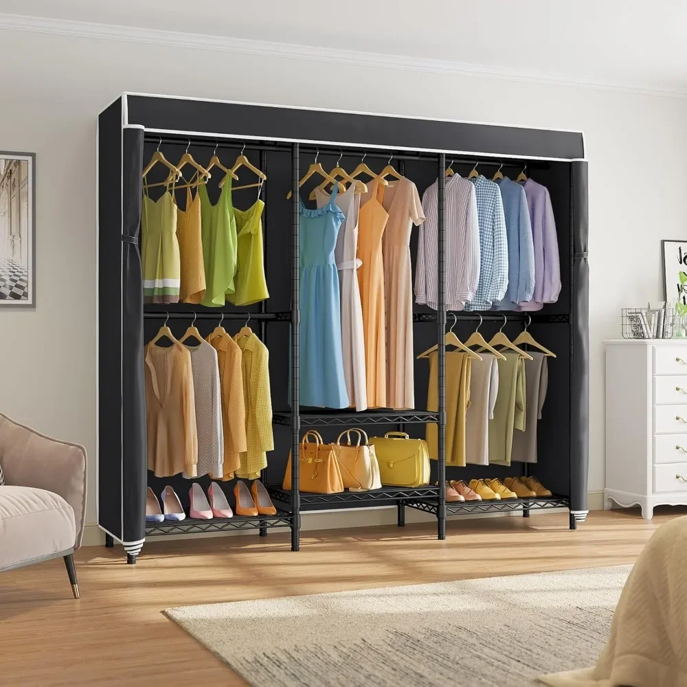 New2025-V5C SE Garment Rack Wardrobe Closet, Heavy Duty Clothes Rack with Adjustable Shelves and Black Cover, Black Metal Closet