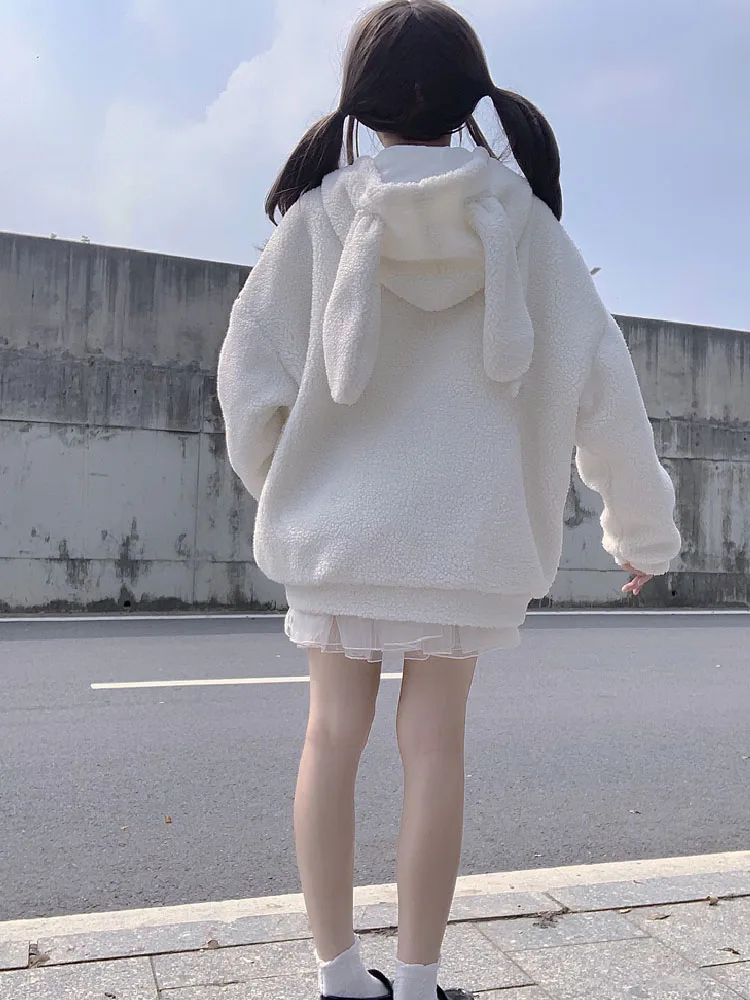 Lolita Sweet Kawaii Preppy Style Women Coat Hooded Rabbit Ear Winter Thicken Plush Outerwear Solid Zipper Women Jacket Female