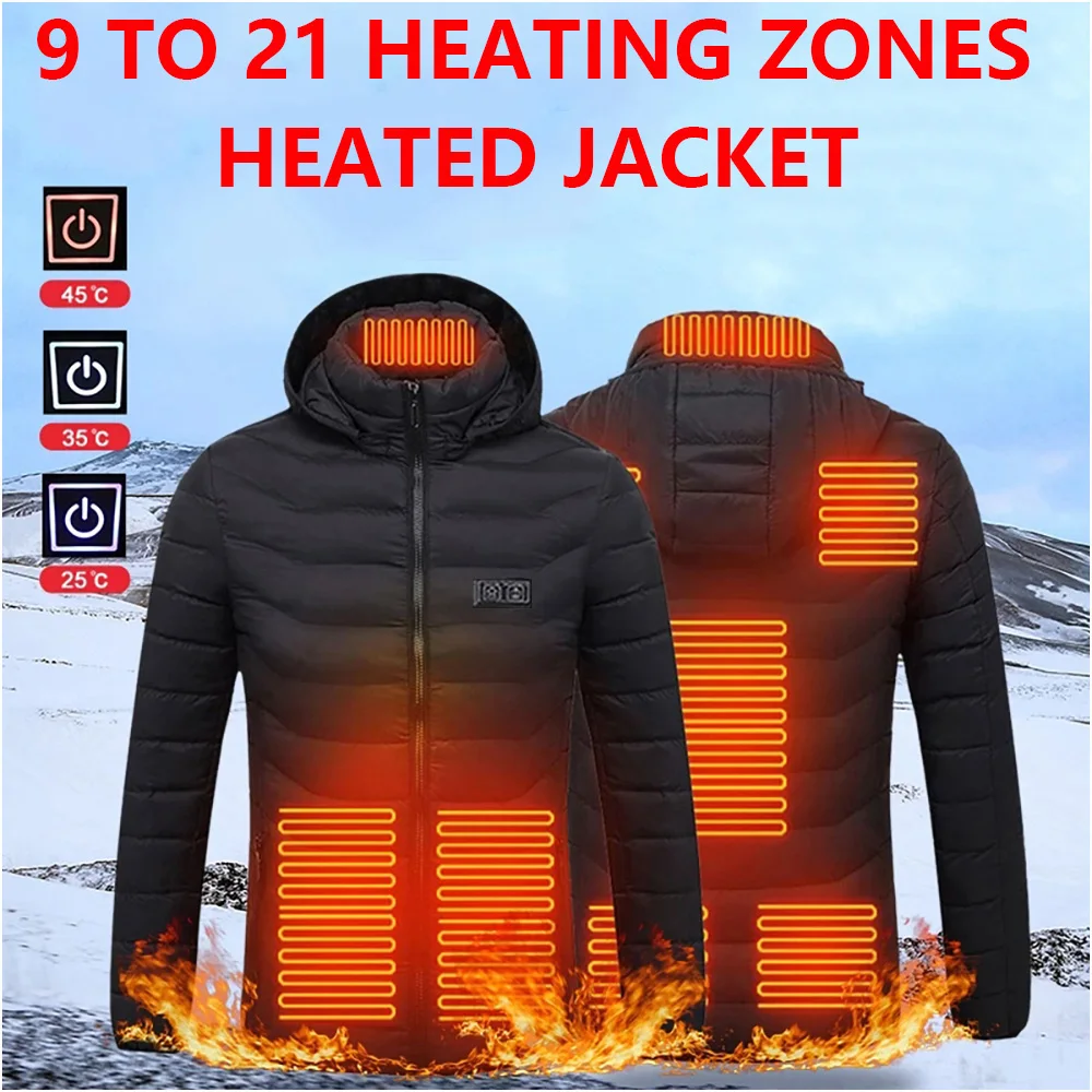 

9-21 Zone Heated Jacket, Smart Switch USB Electric Heated Jacket, Hooded Heated Jacket, Waterproof Polyester Thermal Jacket