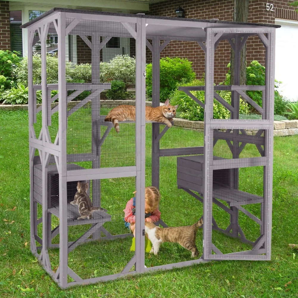 Outdoor Cat Enclosure Large for Multiple Cats, Outdoor Wooden Cat House