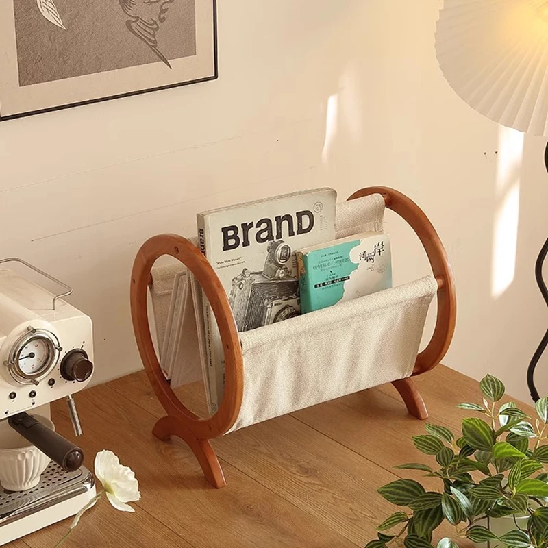Nordic Vintage Solid Wood Fabric Desktop Magazine Rack Floor Standing Movable Storage Organizer for Living Room or Study-FYMR
