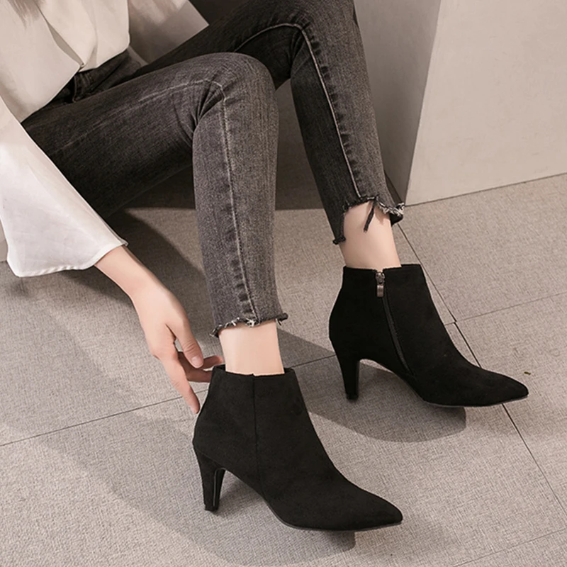 Boots Women Autumn Ankle Boots Sexy Flock High Heels Woman Shoes Zipper Leopard Short Winter Boots Female Adult Shoes Ladies