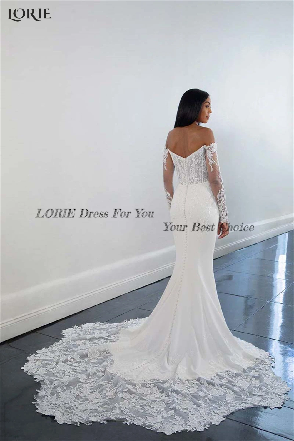 LORIE Vintage Lace Mermaid Wedding Dresses Off Shoulder Long Sleeves Appliques Bridal Gowns Backless Bodycon V-Neck Bride Dress 3