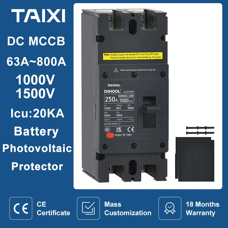 Disjuntor com caixa moldada, protetor do sistema fotovoltaico da bateria, CC, MCCB, 2P, 12V, 24V, 1000V, 1500V, 100A, 200A, 250A, 400A, 630A