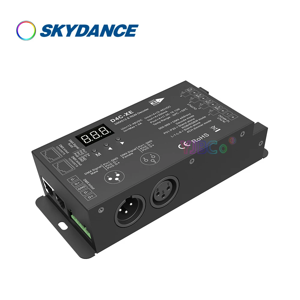 

Skydance 4CH CV DMX 512 Decoder RDM 250~1600Hz Digital Display 12V-36V 24V 8A/CH D4-XE for RGBW Single color RGB LED strip Light