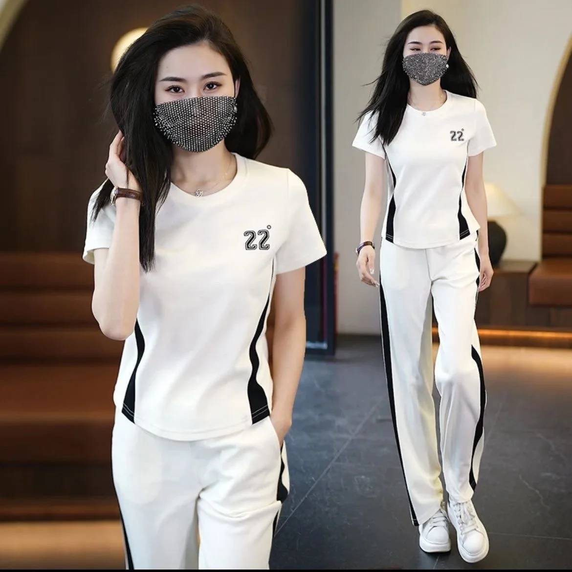 캐주얼 스포티 한 여성 정장 2024 새로운 여름 우아한 유행 세련된 연령 감소 짧은 소매 넓은 다리 바지 2 피스 세트