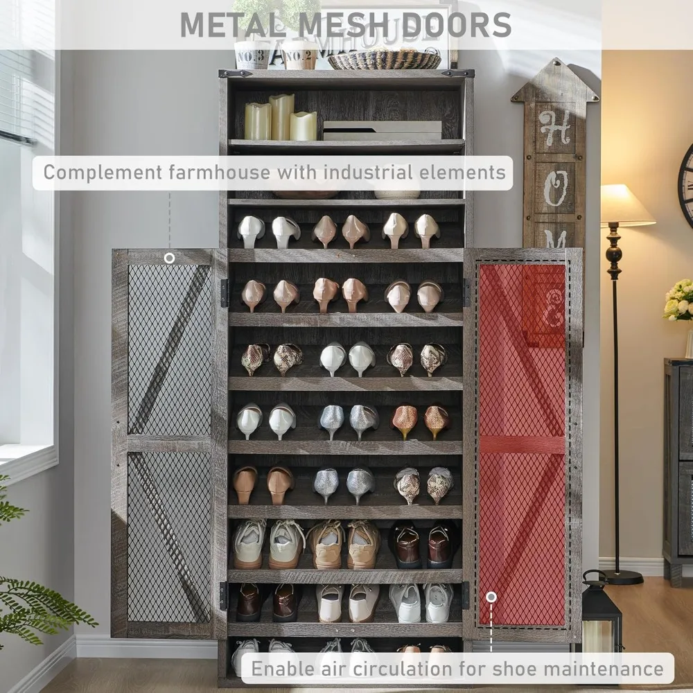 farmhouse shoe cabinet, 72" tall with mesh doors and adjustable shelves, rustic wooden shoe organizer, modern large cabinet sto