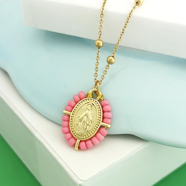 Collier ras du cou pour femme avec pendentif Vierge Marie, chaîne en acier inoxydable couleur or, perles de rocaille, style bohème blanc, noir, rose
