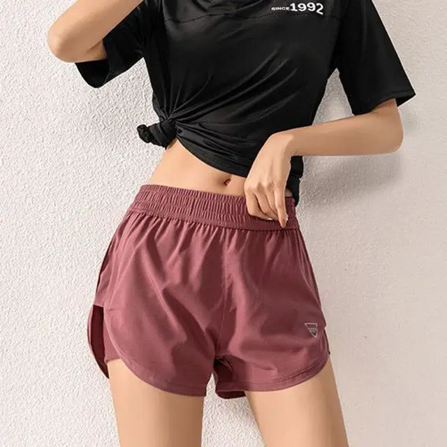 Women Elastic High Waist Short Pants Fake Two Pieces Yoga Leggings Running Training Shorts Casual Quick Dry Fitness Shorts 2