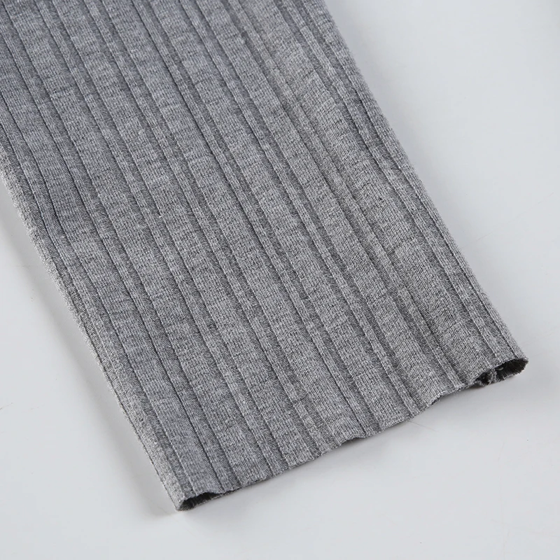 Gray Ribbed Slim Basic Long Sleeve Tee With Belts Contrast Patchwork Turn Down Collar Pullover Top T Shirt Women Autumn Winter