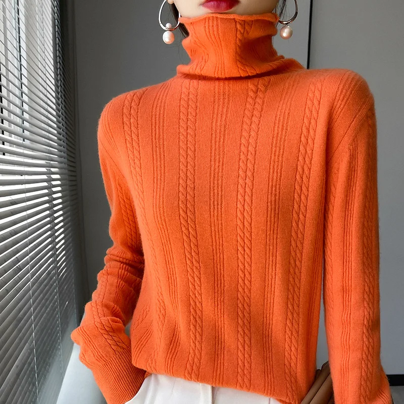 

100%Wool Knitting Sweater and Jumper Turtleneck Tops Pullovers Casual Sweaters Womens Long Sleeve All-match Elastic Ladies 2022