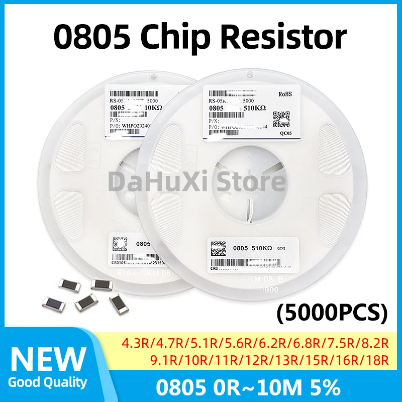 

5000 шт. 0805 5% R 4.7R 5.1R 5.6R 6.8R 7.5R 8.2R 9.1R 10R 11R 12R 13R 15R 16R 18R 0R ~ 10M ohm 1/8W чип фиксированный резистор