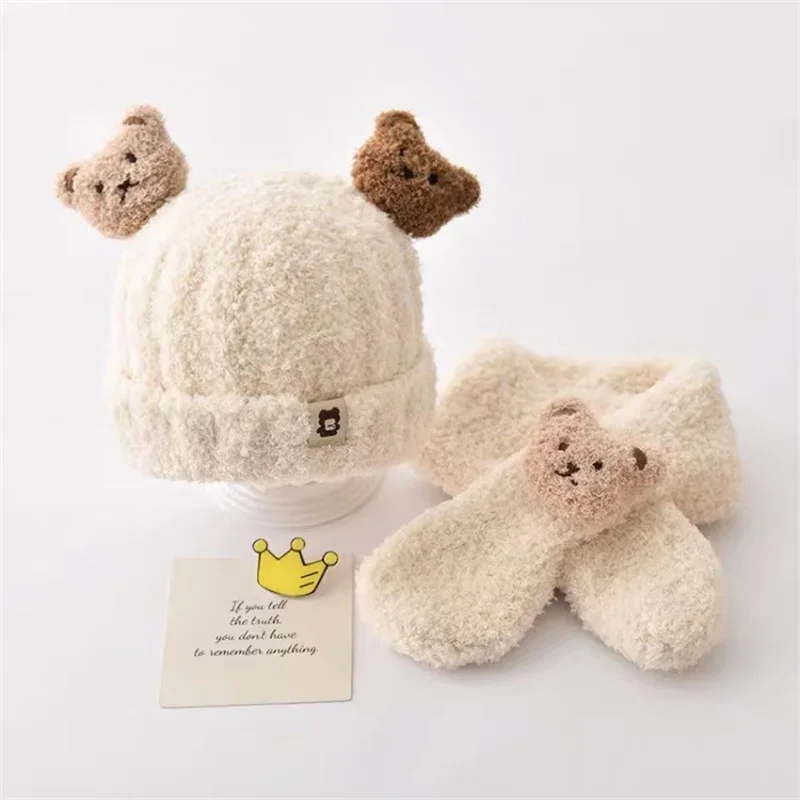 

2pcs Cute Bear Winter Plush Children Scarf Hat Baby Ear Protection Cap Kids Boys Girls Outdoor Ski Windproof Beanies Neck Snood