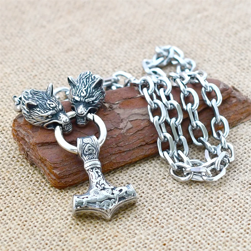 Nordic Celtic Wolf Head Chain Necklace Stainless Steel Viking Thor's Hammer Amulet Pendant Necklace Viking Jewelry