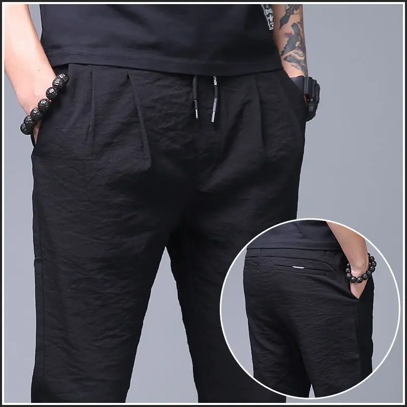 Summer Elegant Fashion Harajuku Slim Fit Trousers Loose All Match Sport Casual Pants Solid Pockets Ultrathin Straight Leg Pants