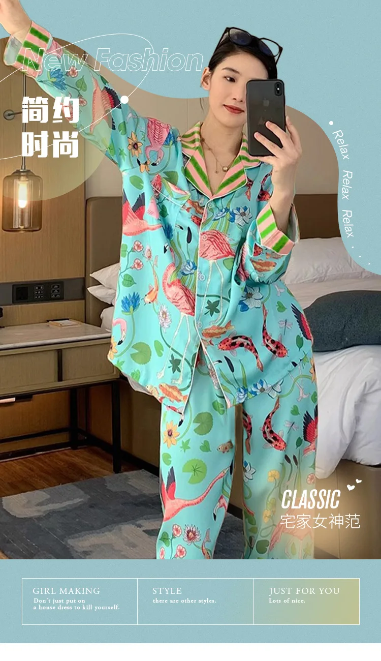 New Ins Style Design Ice Silk Flamingo Pajamas Women's Spring Summer Long Sleeves Pants Home Suit Plant Flowers Sleepwear Female