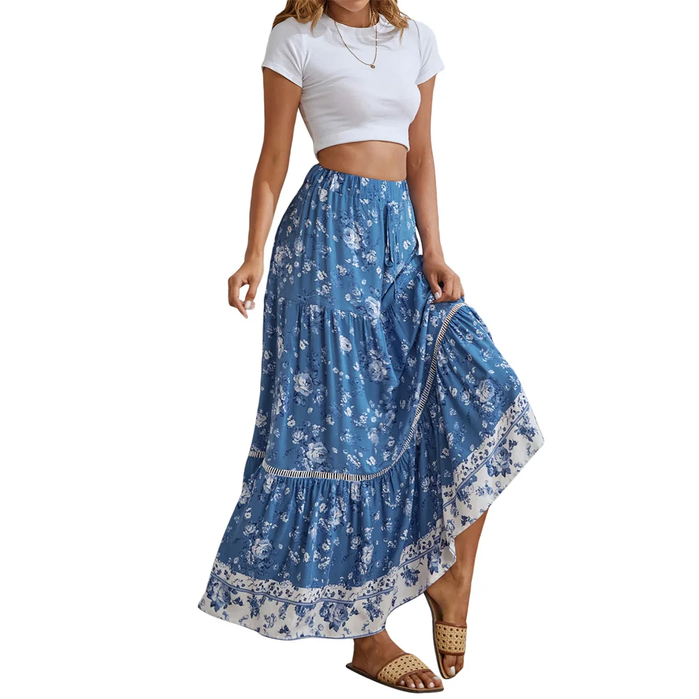 Boho Style Long Skirts For Women Summer Bohemian Print Hollow Lace Elastic High Waist Beach Maxi