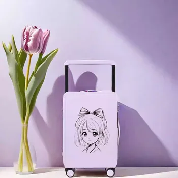 여성용 보라색 학생 애니메이션 수하물, 여행 탑승 상자, 음소거 범용 휠 핑크, 넓은 트롤리 여행 가방, 20 인치