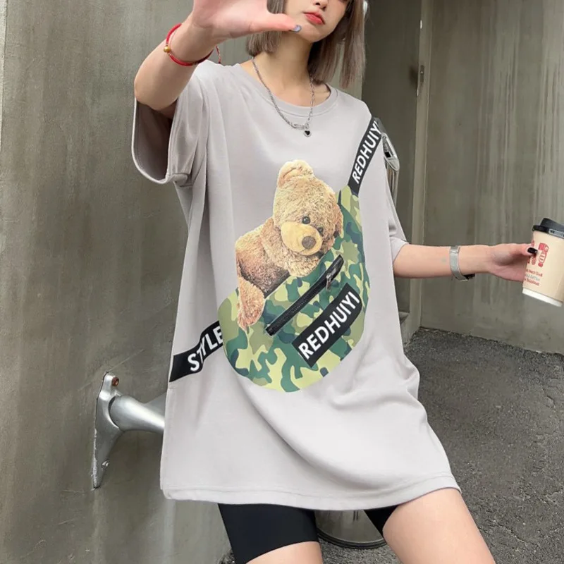 

Large Size Fake Satchel T-shirt Spoof Fun Unisex Split Wrap Hipster Medium Long Loose Casual Top Sportswear
