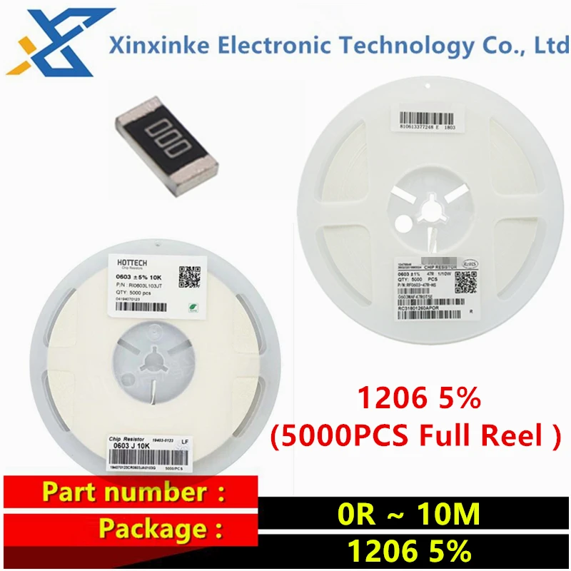 

5000 шт., SMD резистор 1206, точность 5% 0R ~ 10MR 0 1 10 100 150 330 Ом 1K 2,2 K 10K 22K 30K 100K 1M 10M 1R 10R 100R 150R 220R