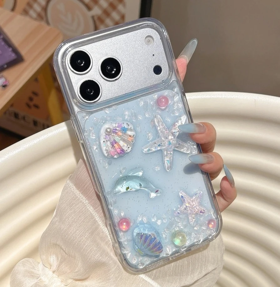 Glitter 3D Cute Phone Case with Bling Starfish Shockproof Protector Cover