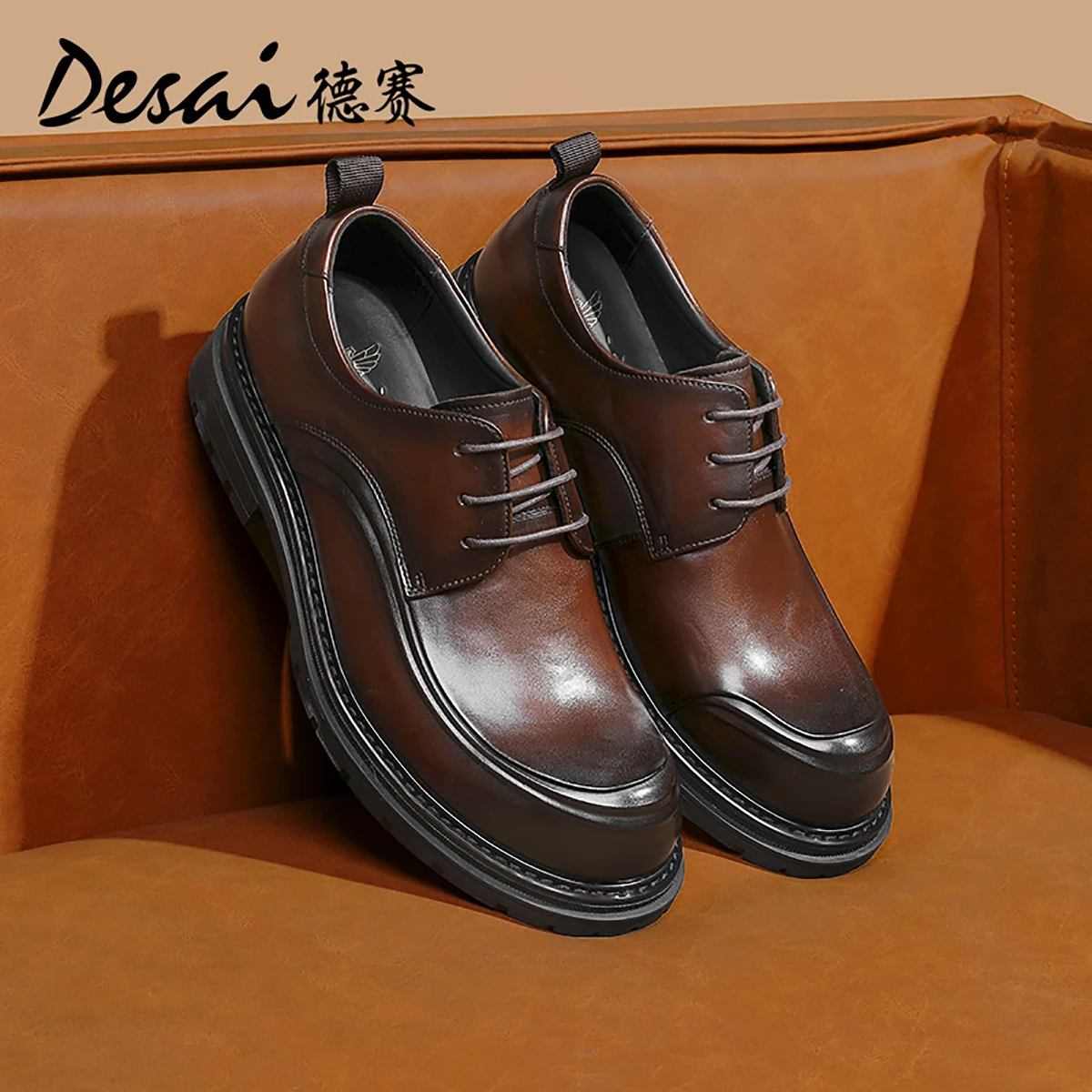 Desai England platform height increase casual leather shoes leather business formal Derby shoes retro low top commuter men's sho