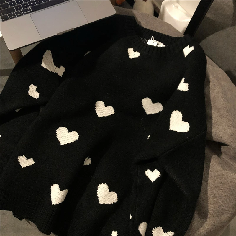 

Red Xmas Sweaters 2024 Autumn Winter Women Sweater Korean Love Heart Knitted Tops Causal Long Sleeve Pullover Gothic Pull Femme