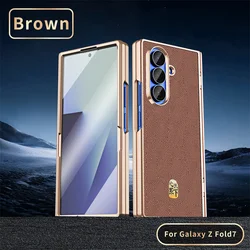 Luxury Genuine Leather Magnetic Phone Case with Hinge Screen Protector Film Cover - Galaxy Z Fold 6 (Brown)