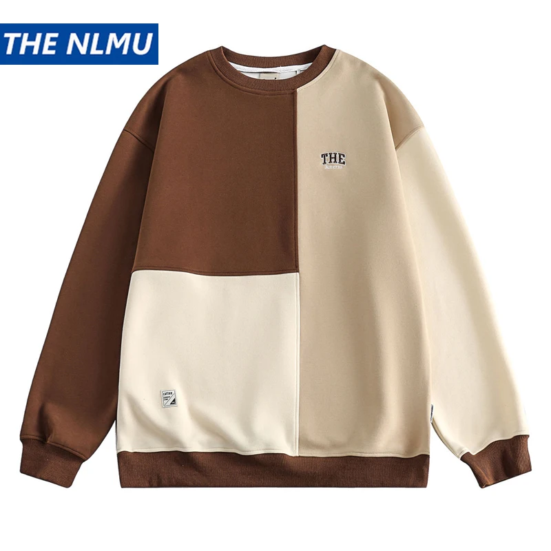 

Hip Hop Streetwear Sweatshirt 2023 Autumn Color Block Patchwork Pullover Men Harajuku Casual Tops Loose Sweat Shirt
