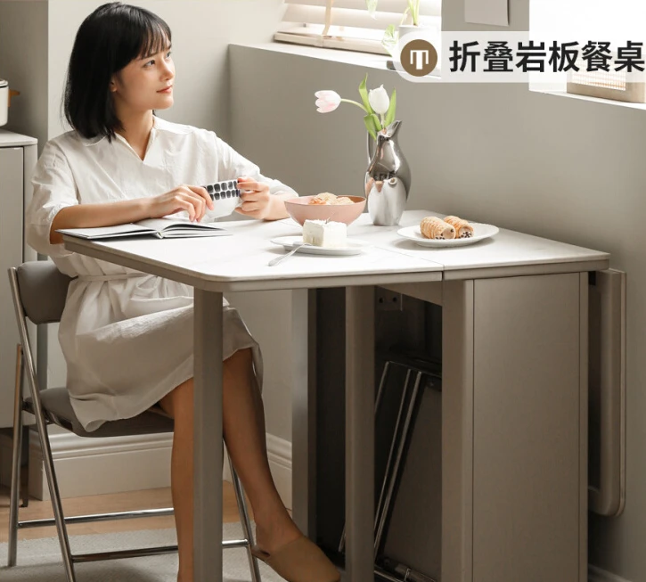 

Solid wood slate dining table furniture is light and luxurious against the wall.