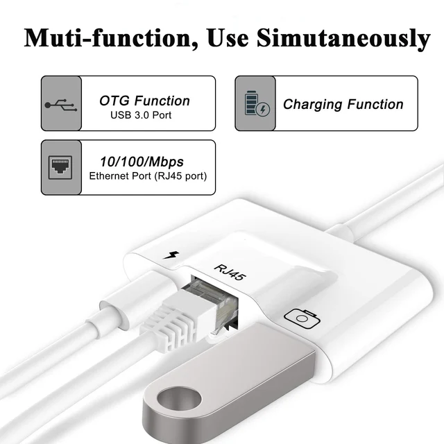 3-in-1 Adaptateur Réseau Ethernet Pour Iphone/ipad Avec Port De Charge Et  Port Usb 3.0 Otg Support De Clé Usb/clavier/souris/appareil Photo -  Téléphones Portables Et Accessoires - Temu Belgium