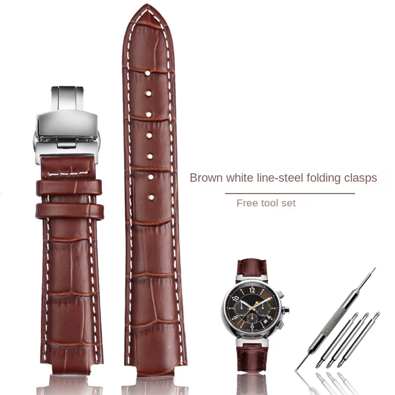 Luxurious Genuine Leather Watchband with Chain Butterfly Clasp