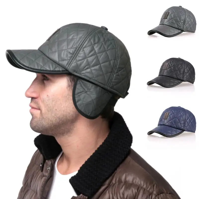 1PCS Mens Winter Hat Leather Thermal Warm Baseball Cap Ear Flap Hat For Cold Weather Fashion Black Thickened Warm Duckbill Cap