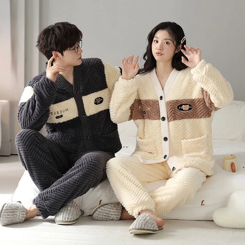 Couple Pajamas Fall Winter Sleepwear Suits Coral Fleece Thick Nightgown Casual Simple Little Fragrant Homewear Home Clothes Sets traditional men japanese pajamas sets simple kimono yukata suits nightgown cotton samurai sleepwear bathrobe leisure homewear