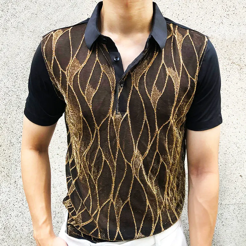 

Summer Short Sleeve Polo Black Gold Abstract Pattern Lace Sexy Polo See Quality Men Through Social Club Luxe Transparent Shirt